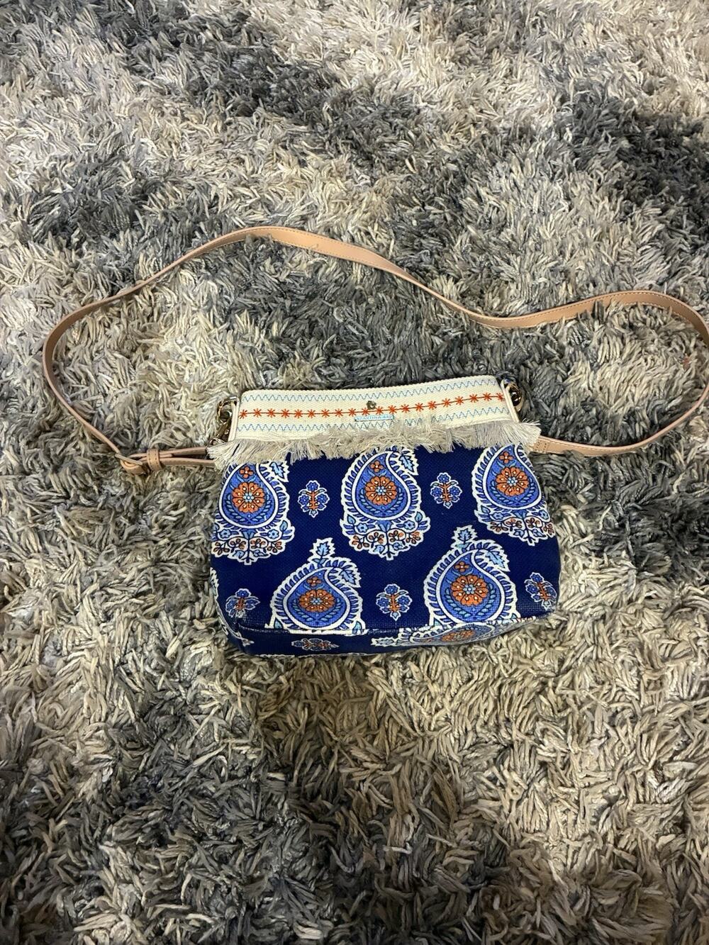 Spartina 449 Bag Purse Daufuskie Island Linen Leather Blue Orange Paisley Fringe